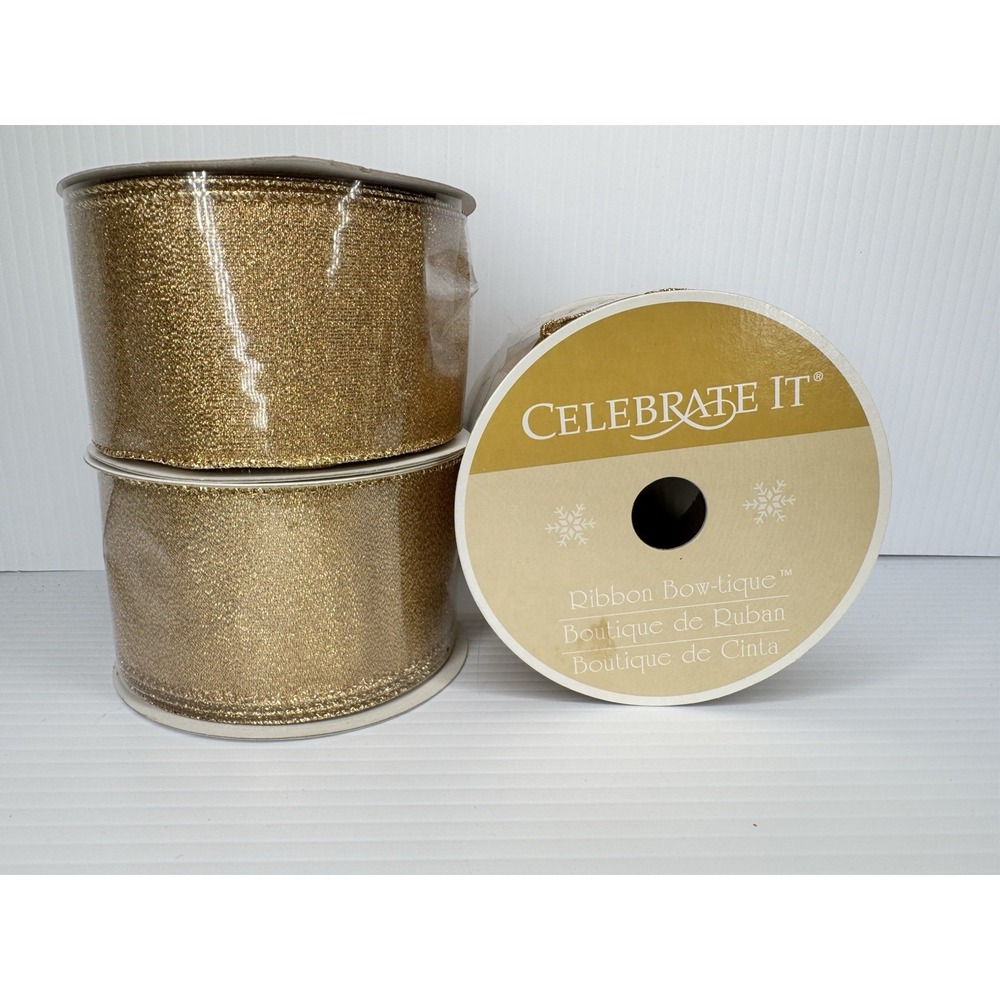 Lot of 3 Gold Wired Glitter Ribbon Celebrate It 2.5in x 25ft Christmas New 75ft